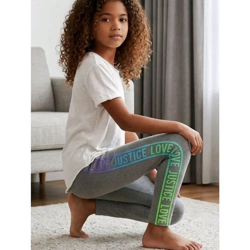 Justice Girls 12 LOVE Logo Legging Heather Gray Casual Stretch Pant Green Blue
